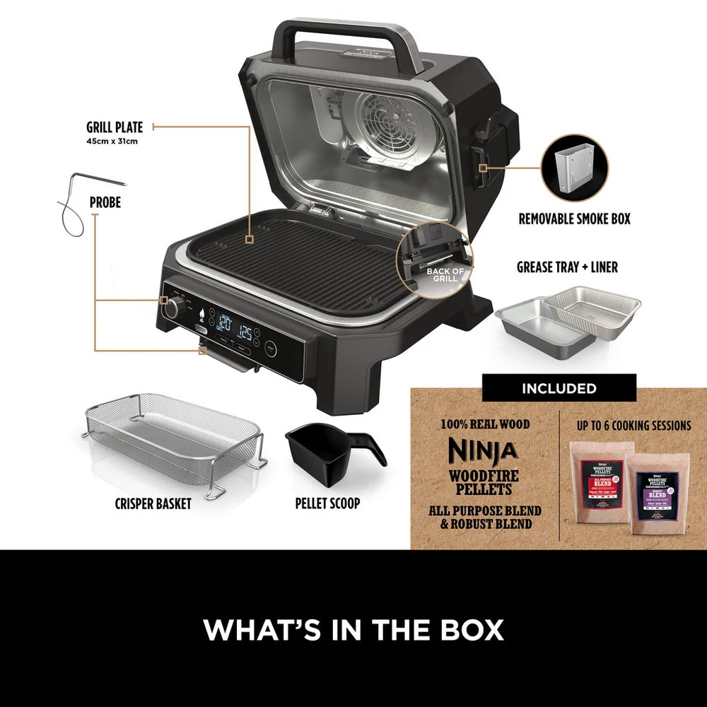 Ninja OG850UK Woodfire Pro XL Electric BBQ Grill & Smoker with Cover and Woodfire Pellets OG850UKCOVKIT