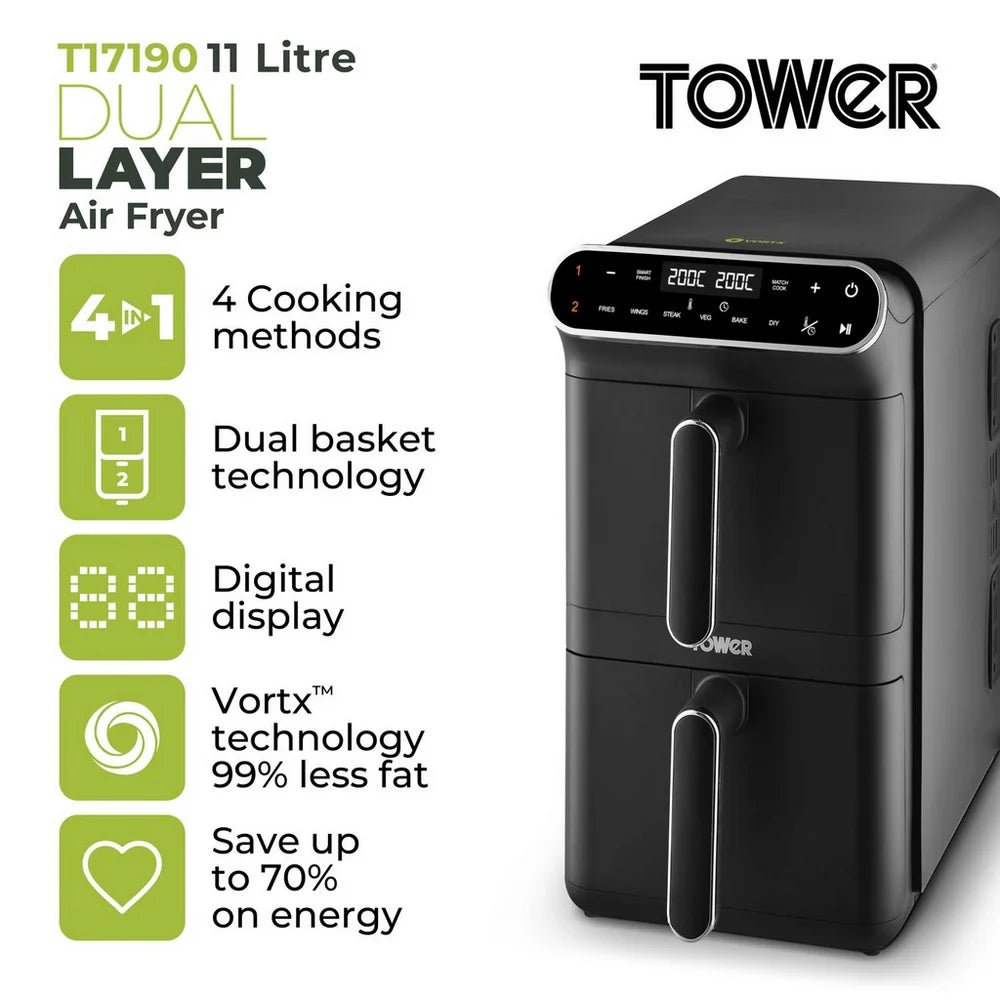Tower T17190 Vortx 11L Dual Layer Air Fryer - Black with Chrome Trim