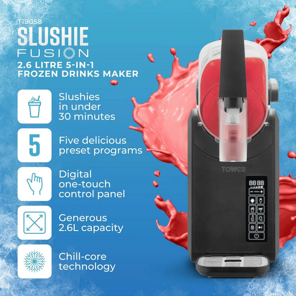 Tower T19058 Slushie Fusion 2.6 Litre 5-in-1 Frozen Drinks Maker - Black